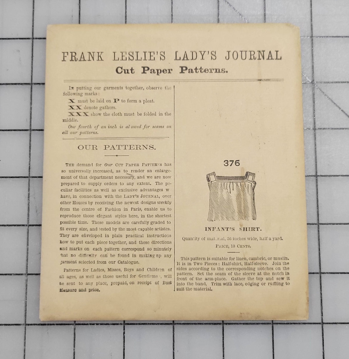 Frank Leslie's Lady's Cut Paper Pattern #376 1870s Infant Shirt