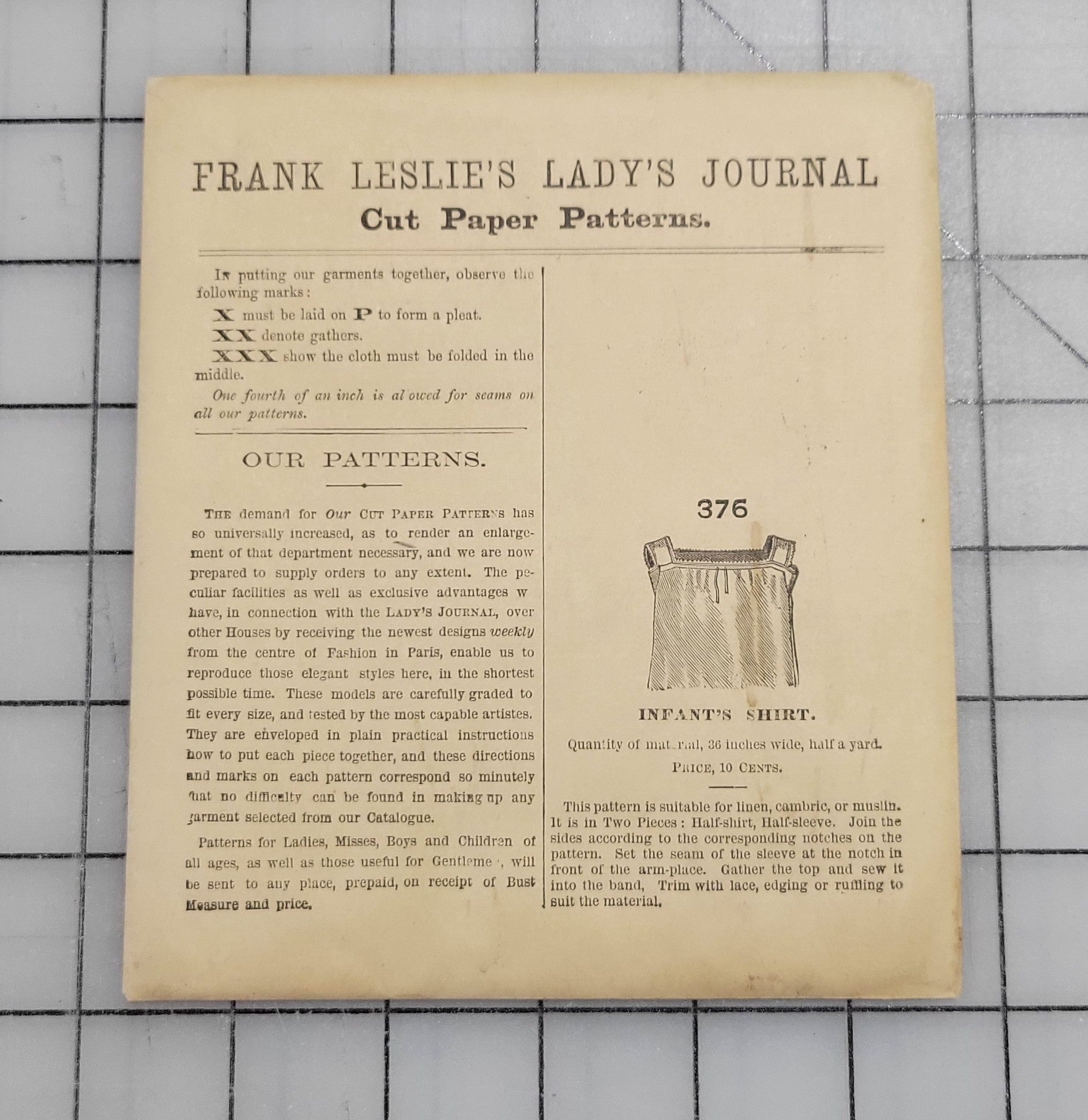 Frank Leslie's Lady's Cut Paper Pattern #376 1870s Infant Shirt