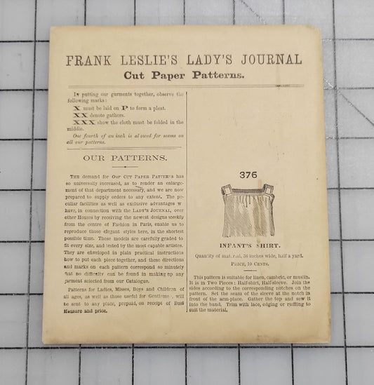 Frank Leslie's Lady's Cut Paper Pattern #376 1870s Infant Shirt