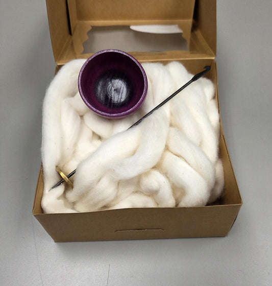 Spin Cotton Fiber Kit. Natural Upland Cotton Sliver. Hand-Painted Wood Support Bowl and Brass Tahkli Spindle. Purple