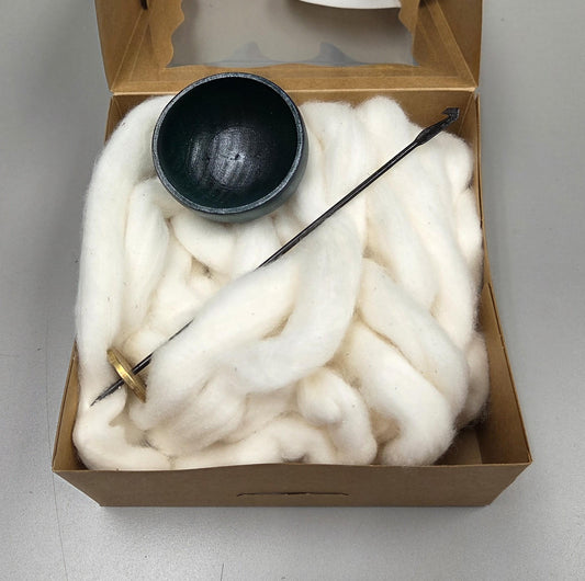 Spin Cotton Fiber Kit. Natural Upland Cotton Sliver. Hand-Painted Wood Support Bowl and Brass Tahkli Spindle. Dark Teal