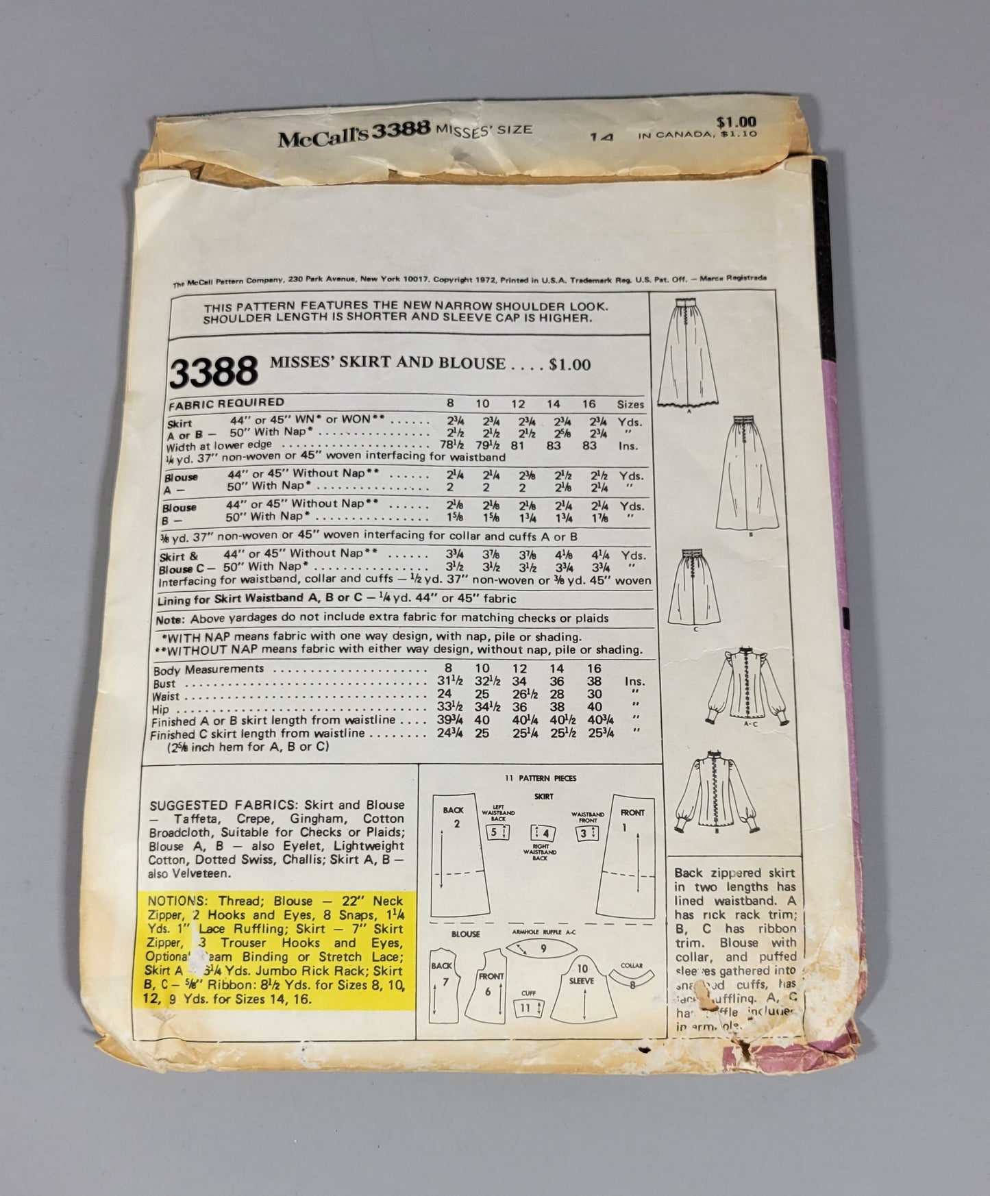 McCall's 3388 Pattern, ca1972 Size 14 Bust 36 Misses