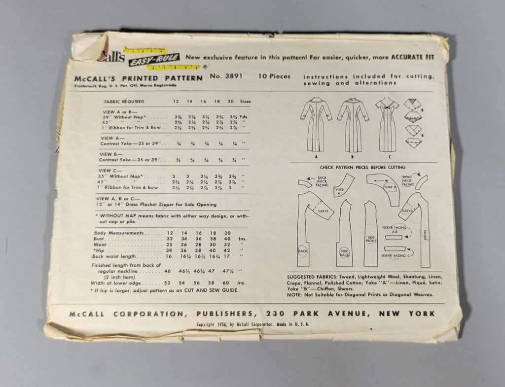 McCall's 3891, ca 1956. Size 14 Bust 34.