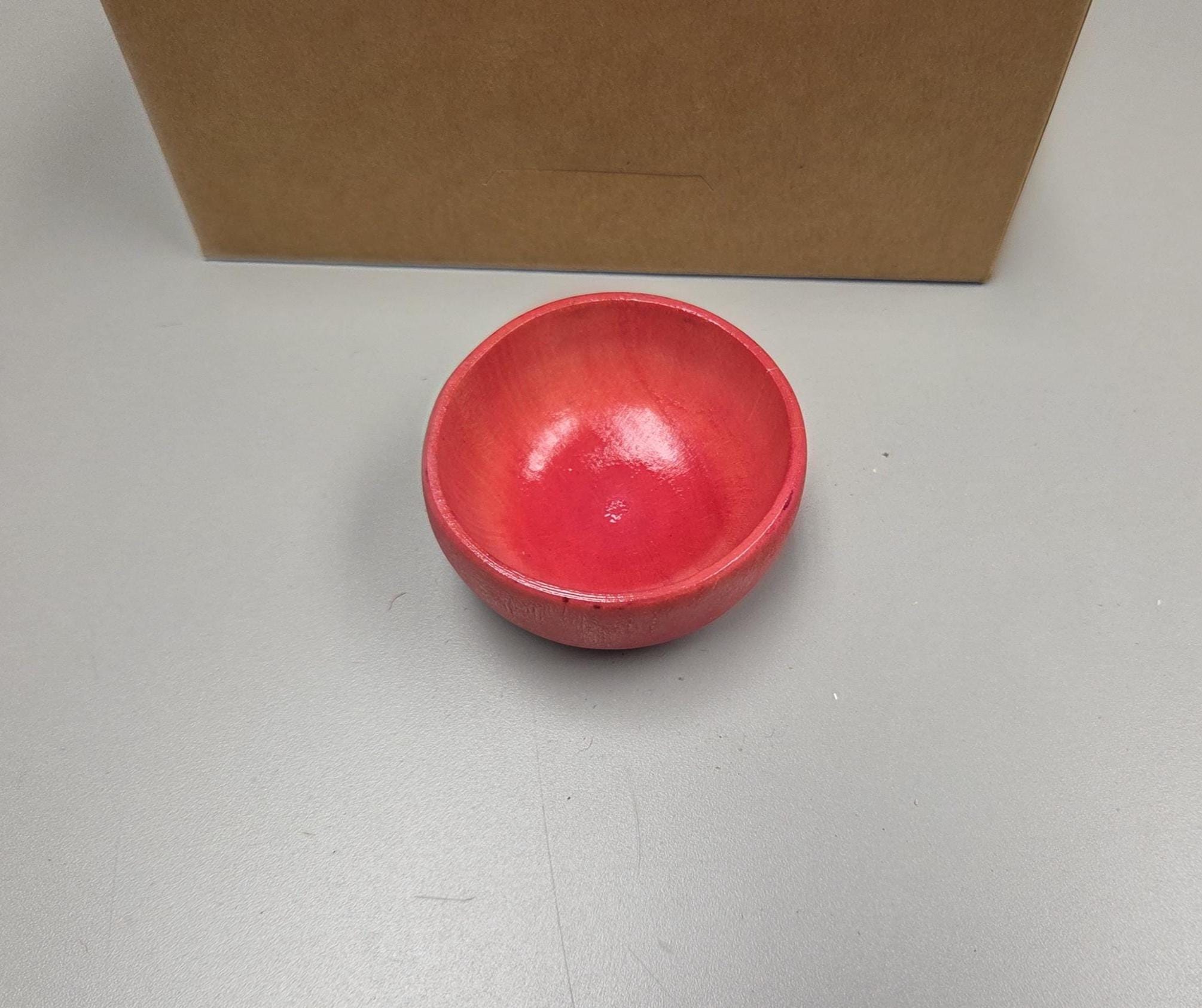 Spin Cotton Fiber Kit. Painted Wood Support Bowl & Brass Thakli Spindle. Pink Red (Salmon)