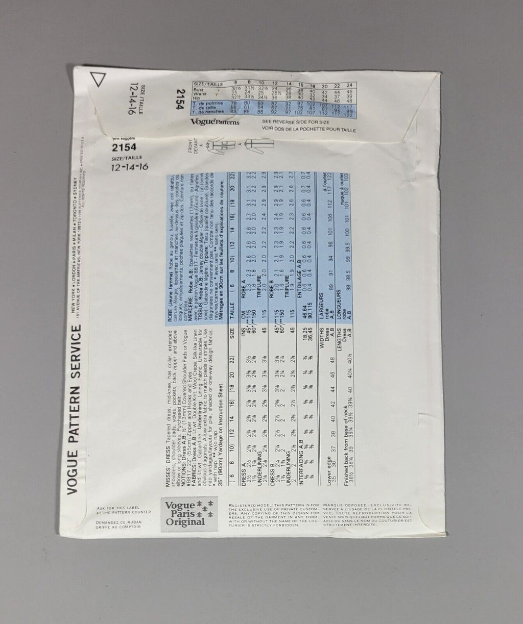 Vogue 2154 GIVENCHY Sewing Pattern Paris 12-14-16 Dress Original CUT 1988