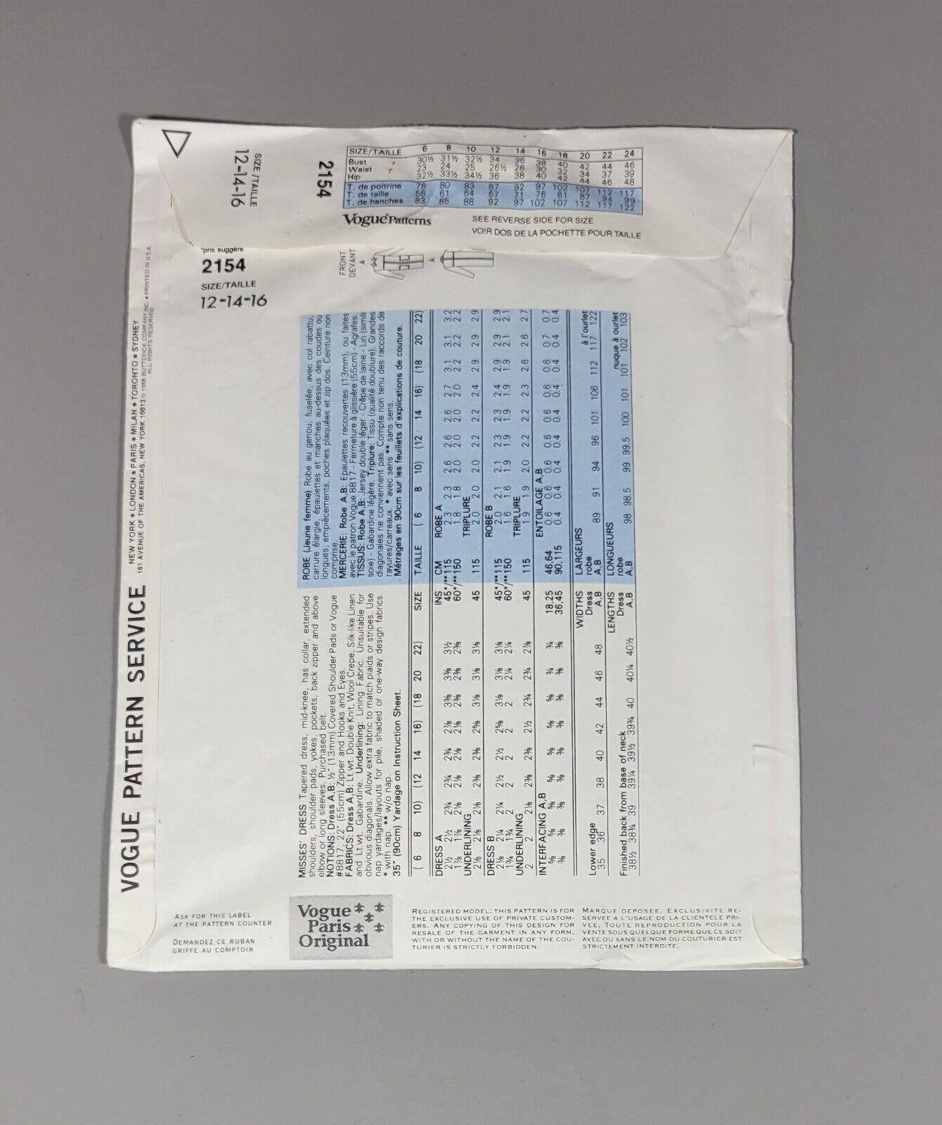 Vogue 2154 GIVENCHY Sewing Pattern Paris 12-14-16 Dress Original CUT 1988