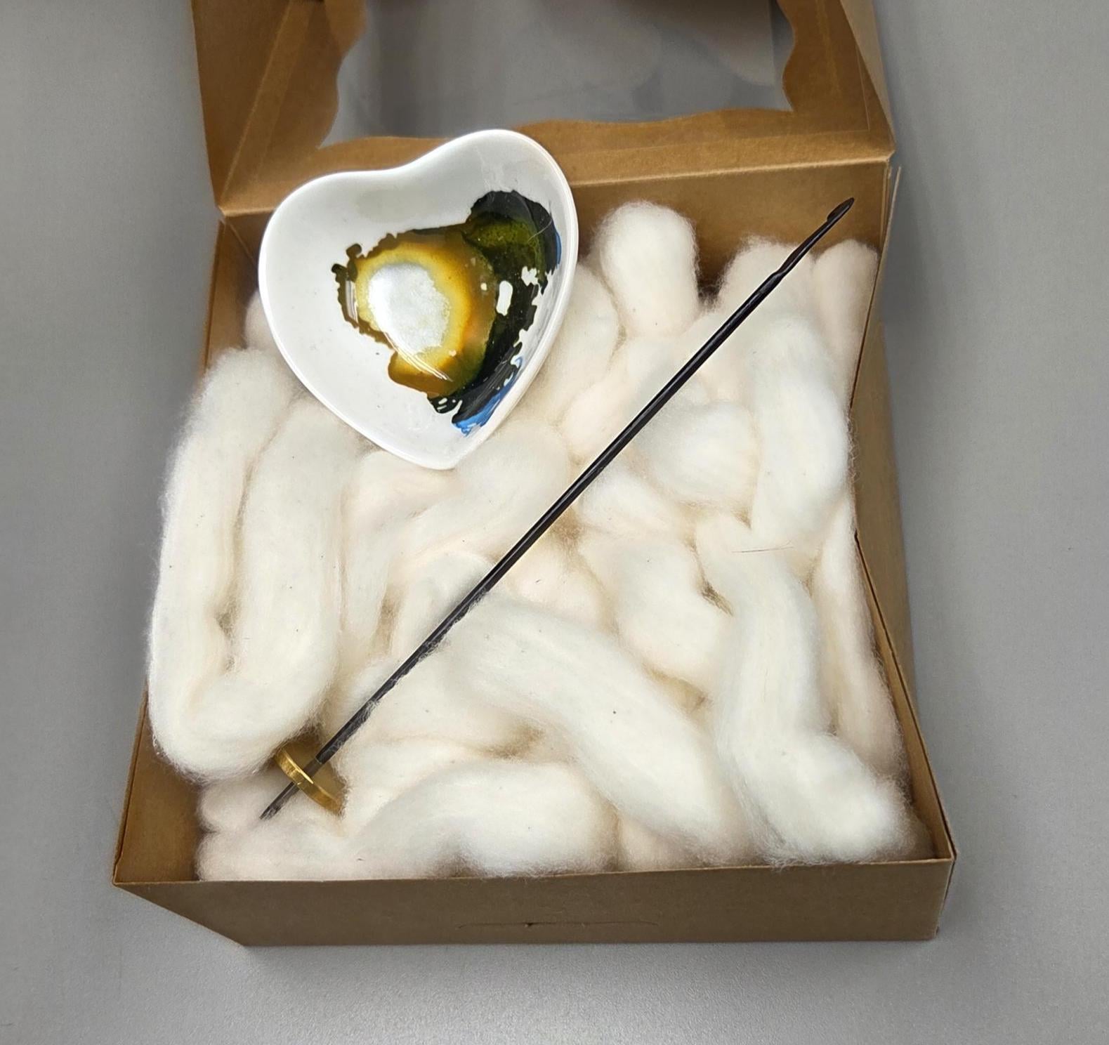 Cotton Fiber Kit. Natural Upland Cotton. Hand-Painted Porcelain Support Bowl and Brass Tahkli Spindle. (SK25)