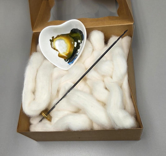 Cotton Fiber Kit. Natural Upland Cotton. Hand-Painted Porcelain Support Bowl and Brass Tahkli Spindle. (SK25)
