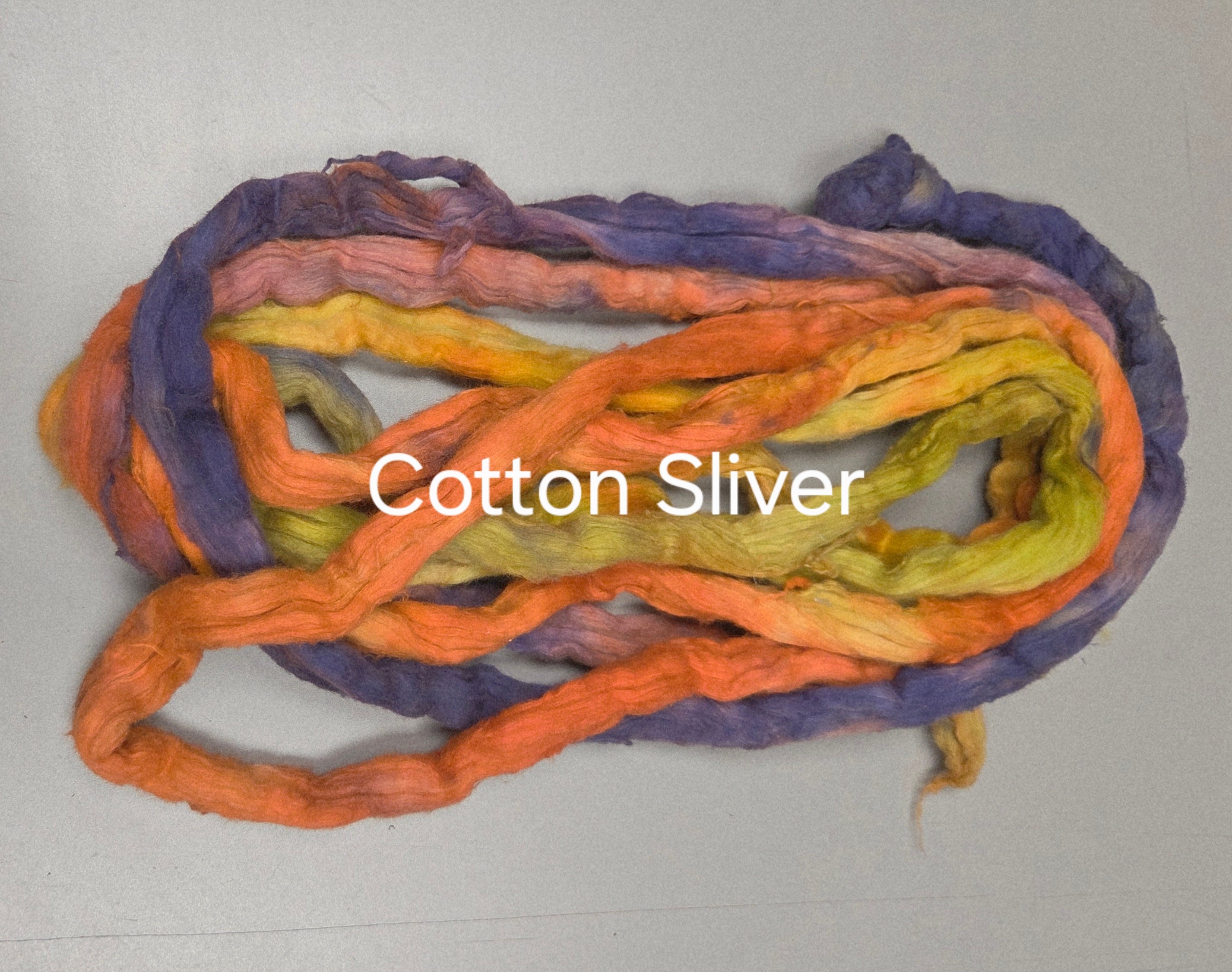 Cotton, 1/2 oz (0.5 ounce) Dyed Conventional Cotton Sliver, Small Batch Studio Dyed (Rainbow)