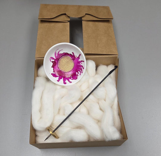 Cotton Fiber Kit. Natural Upland Cotton. Hand-Painted Porcelain Support Bowl and Brass Tahkli Spindle. (SK26)