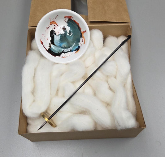 Cotton Fiber Kit. Natural Upland Cotton. Hand-Painted Porcelain Support Bowl and Brass Tahkli Spindle. (SK9)