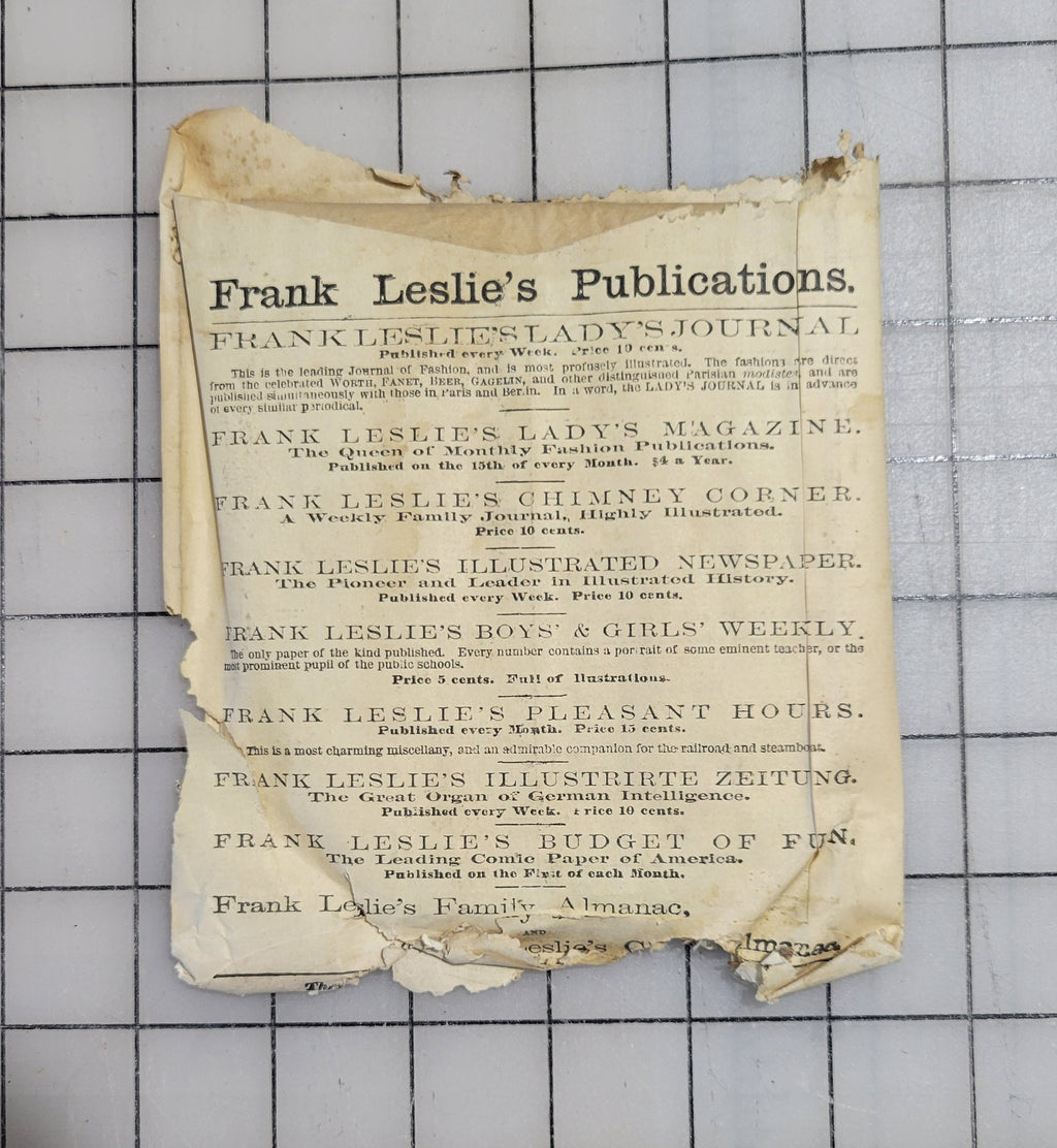 Frank Leslie's Lady's Cut Paper Pattern #67 1870s Miss Sacque Age 14 Original