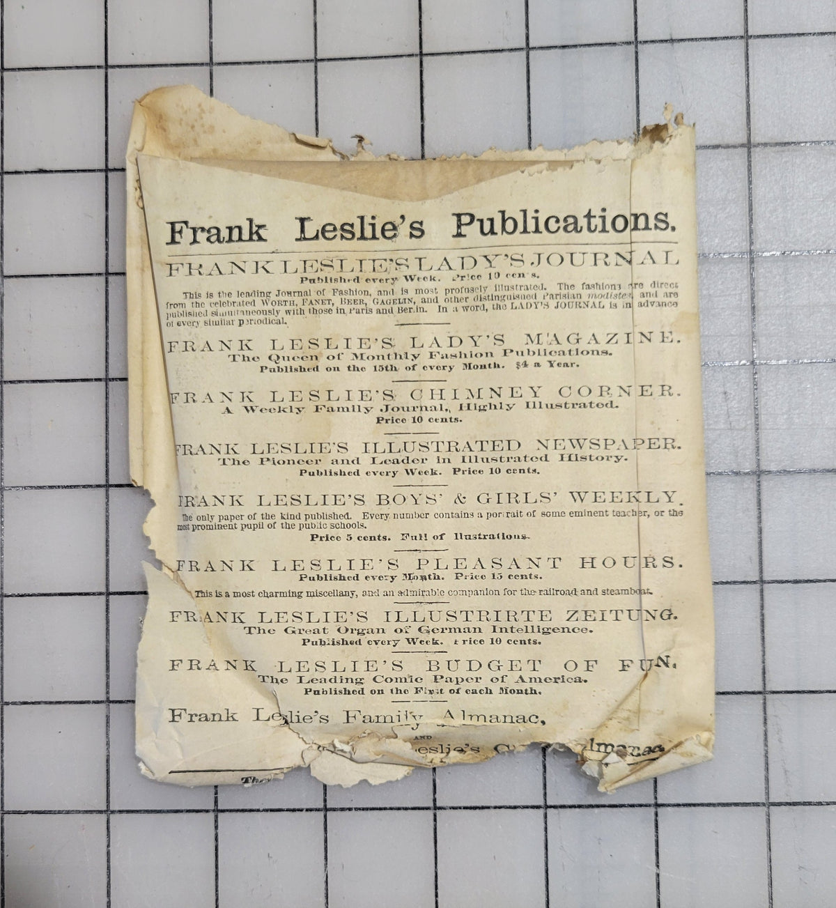 Frank Leslie's Lady's Cut Paper Pattern #67 1870s Miss Sacque Age 14 Original