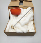 Spin Cotton Fiber Kit. Painted Orange Wood Support Bowl & Brass Thakli Spindle.