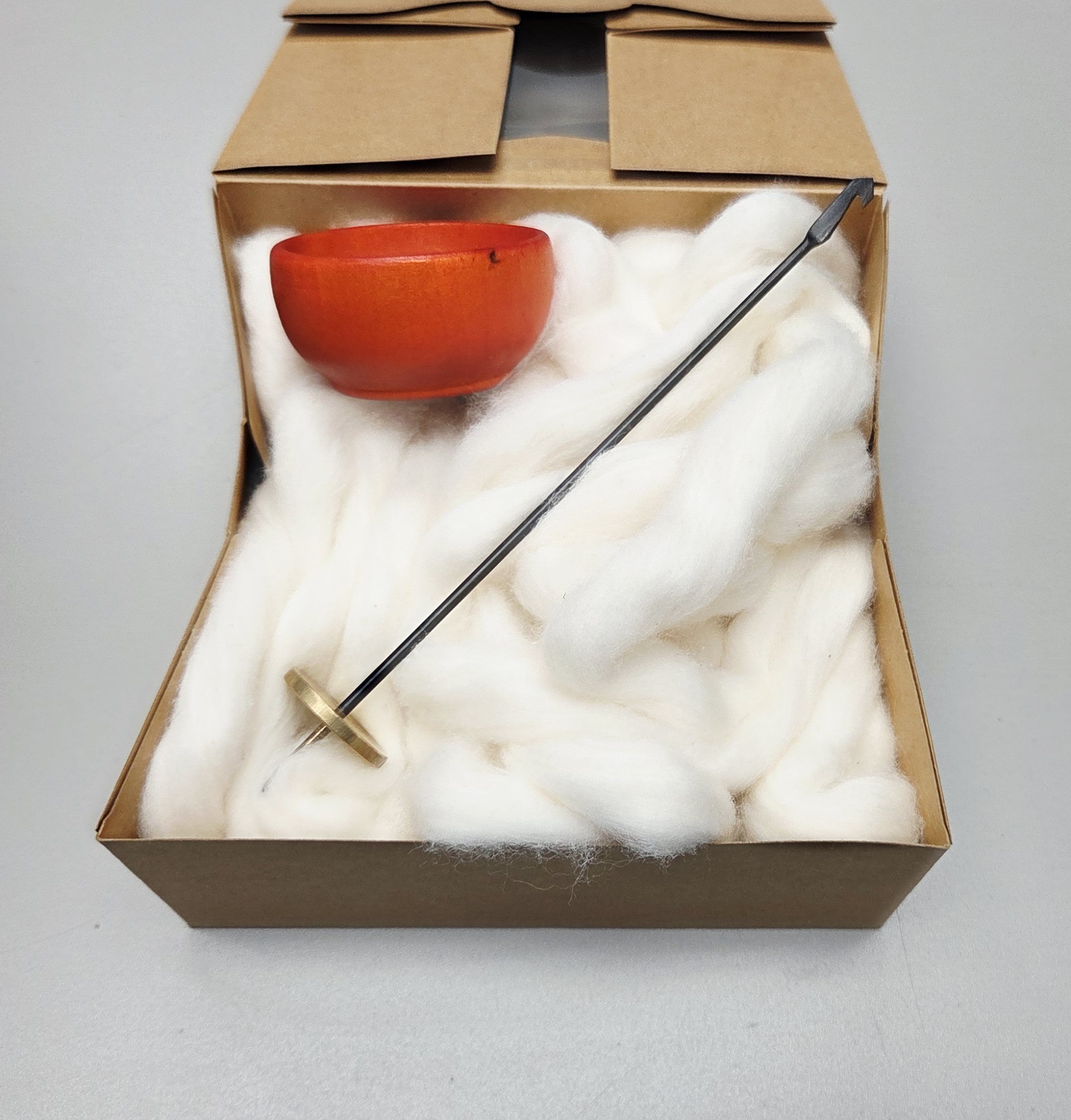 Spin Cotton Fiber Kit. Painted Orange Wood Support Bowl & Brass Thakli Spindle.
