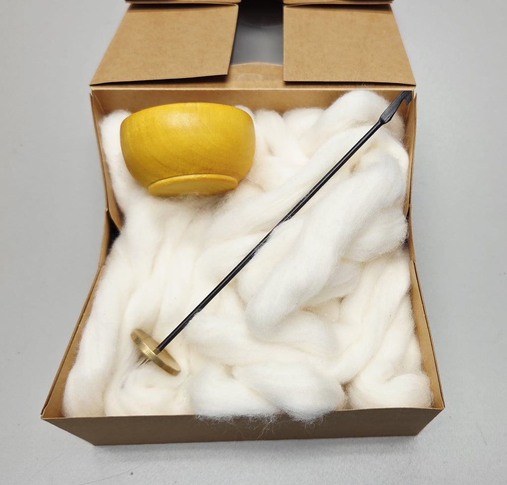 Spin Cotton Fiber Kit. Painted Yellow Wood Support Bowl & Brass Thakli Spindle.