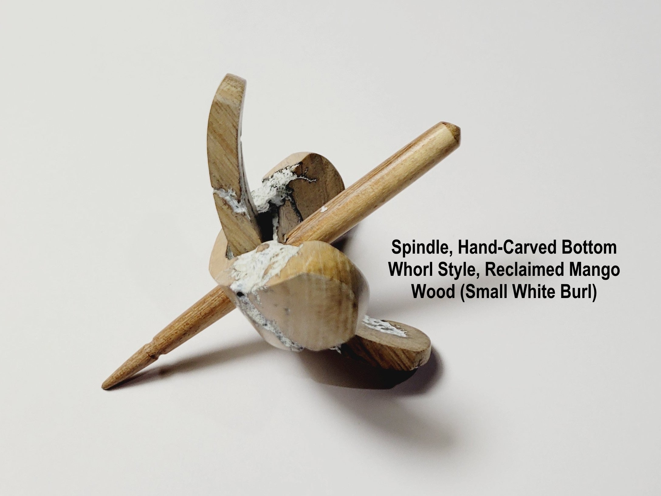 Spindle, Hand-Carved Bottom Whorl Style, Reclaimed Mango Wood (Small White Burl)