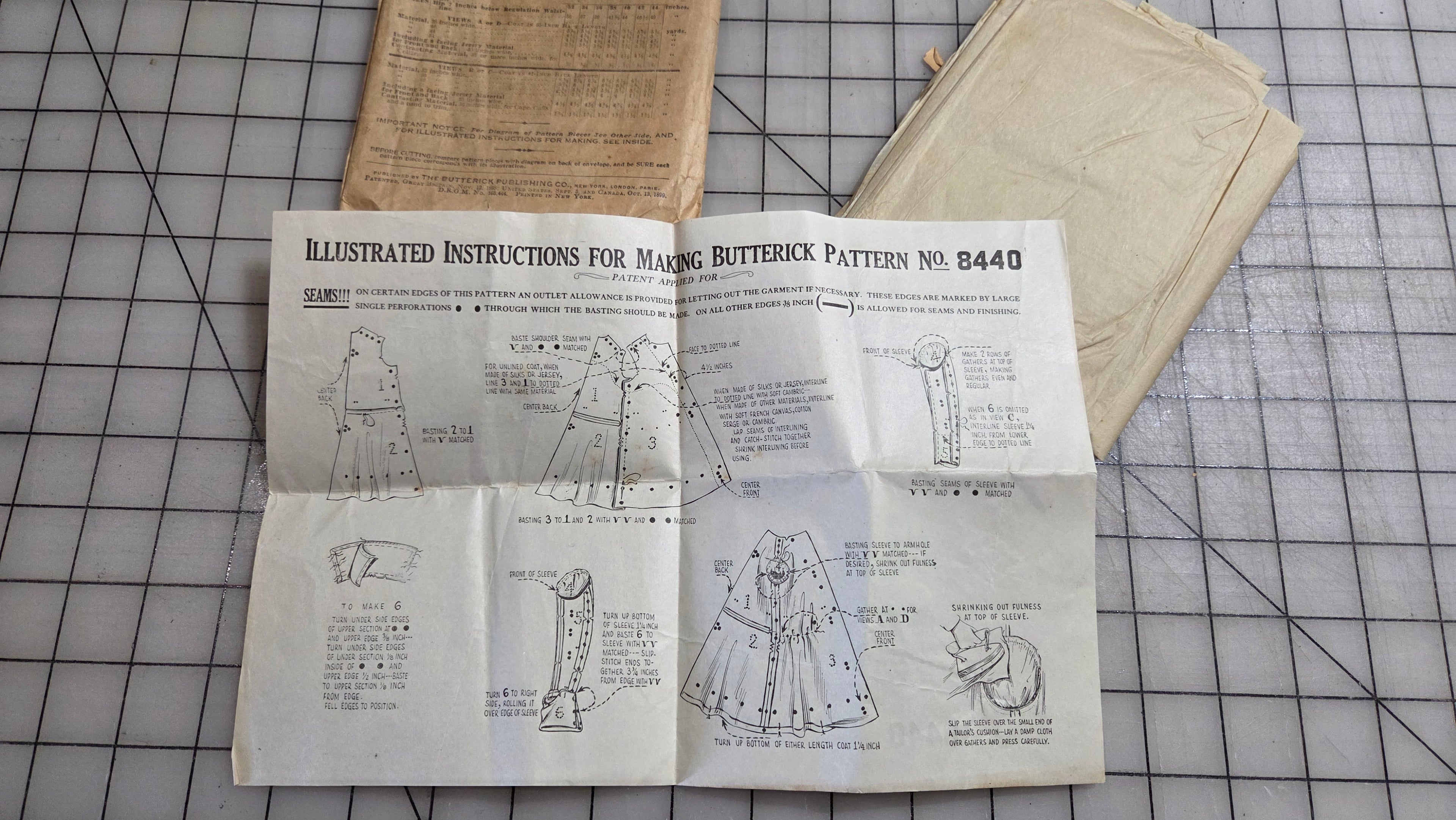8440 Butterick Ladies Coat Pattern Patent 1899 Unprinted with Instruction Sheet