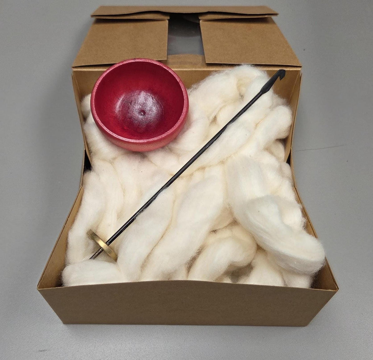 Spin Cotton Fiber Kit. Painted Wood Support Bowl & Brass Thakli Spindle. Red