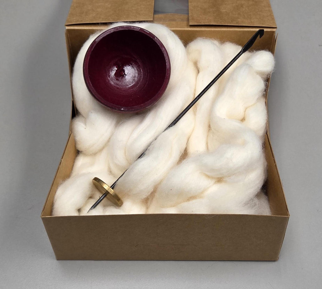 Spin Cotton Fiber Kit. Natural Upland Cotton Sliver. Hand-Painted Wood Support Bowl and Brass Tahkli Spindle. SK19 Red
