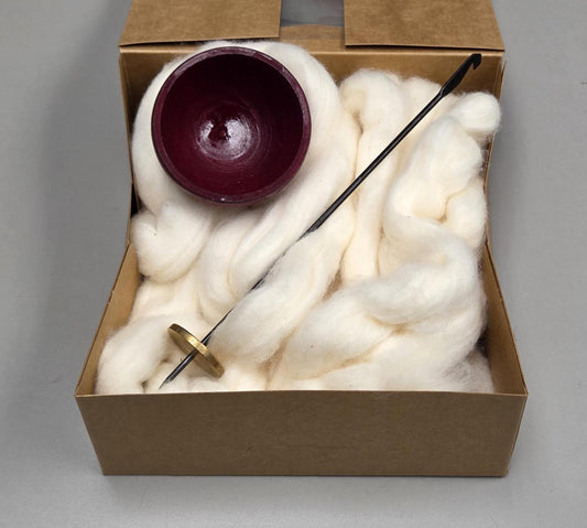 Spin Cotton Fiber Kit. Natural Upland Cotton Sliver. Hand-Painted Wood Support Bowl and Brass Tahkli Spindle. SK19 Red