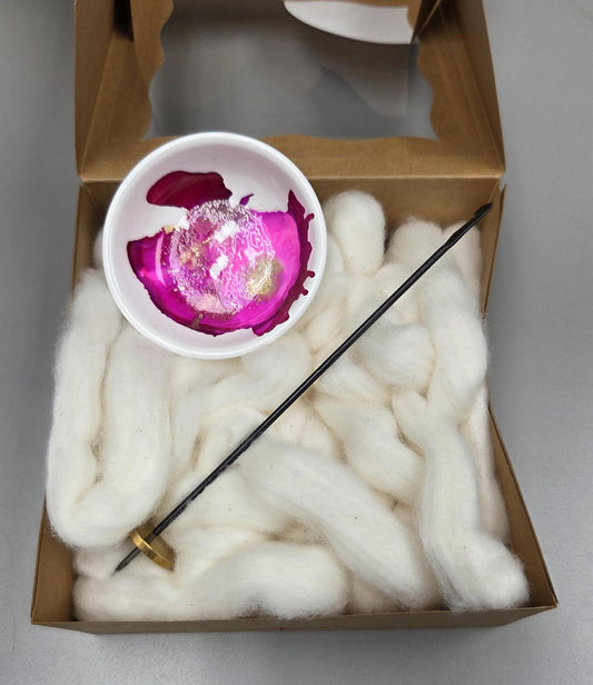 Cotton Fiber Kit. Natural Upland Cotton. Hand-Painted Porcelain Support Bowl and Brass Thakli Spindle. (Kit084)