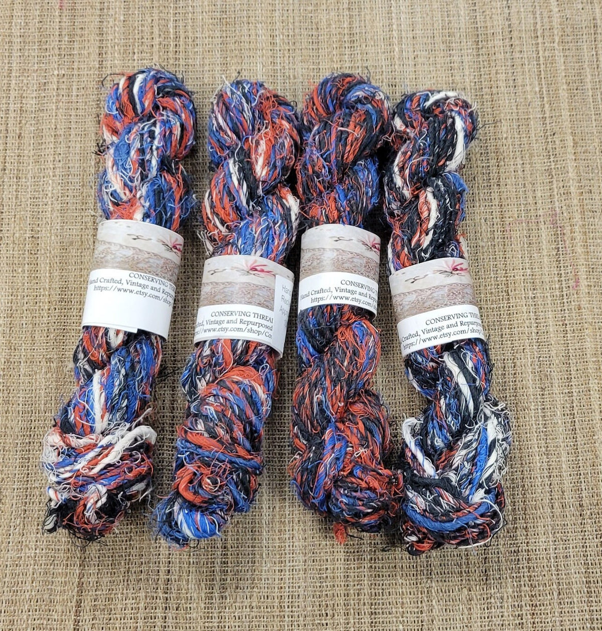 Linen Reclaimed Yarn. Skein Bundle. Set 4 Skeins. Hand-Spun Fibers Upcycled. Art Yarn