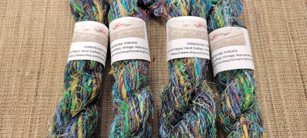 Linen Reclaimed Yarn. Skein Bundle. Set 4 Skeins. Hand-Spun Fibers Upcycled. Art Yarn