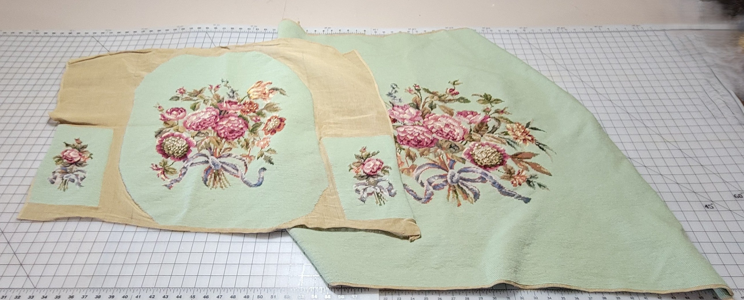 Vintage Textile Needlepoint Seat Cover Set Hand Stitched