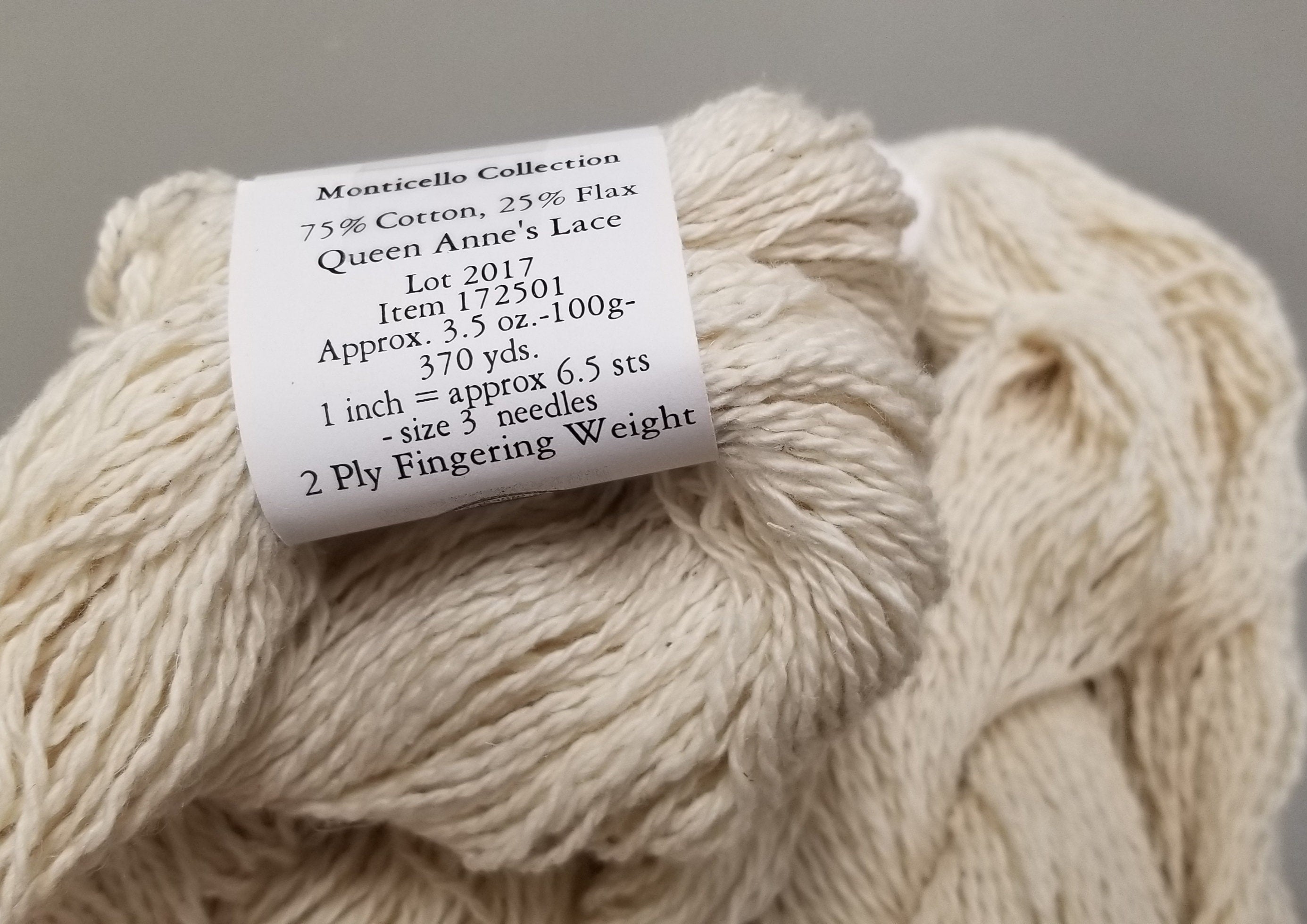 Cotton / Linen Blend Yarn "Monticello Collection" from Cestari Yarns. 75 Cotton / 25 Flax. Natural Fingering Weight.
