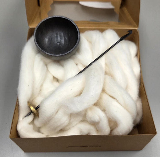 Spin Cotton Fiber Kit. Natural Upland Cotton Sliver. Hand-Painted Wood Support Bowl and Brass Tahkli Spindle. Gray