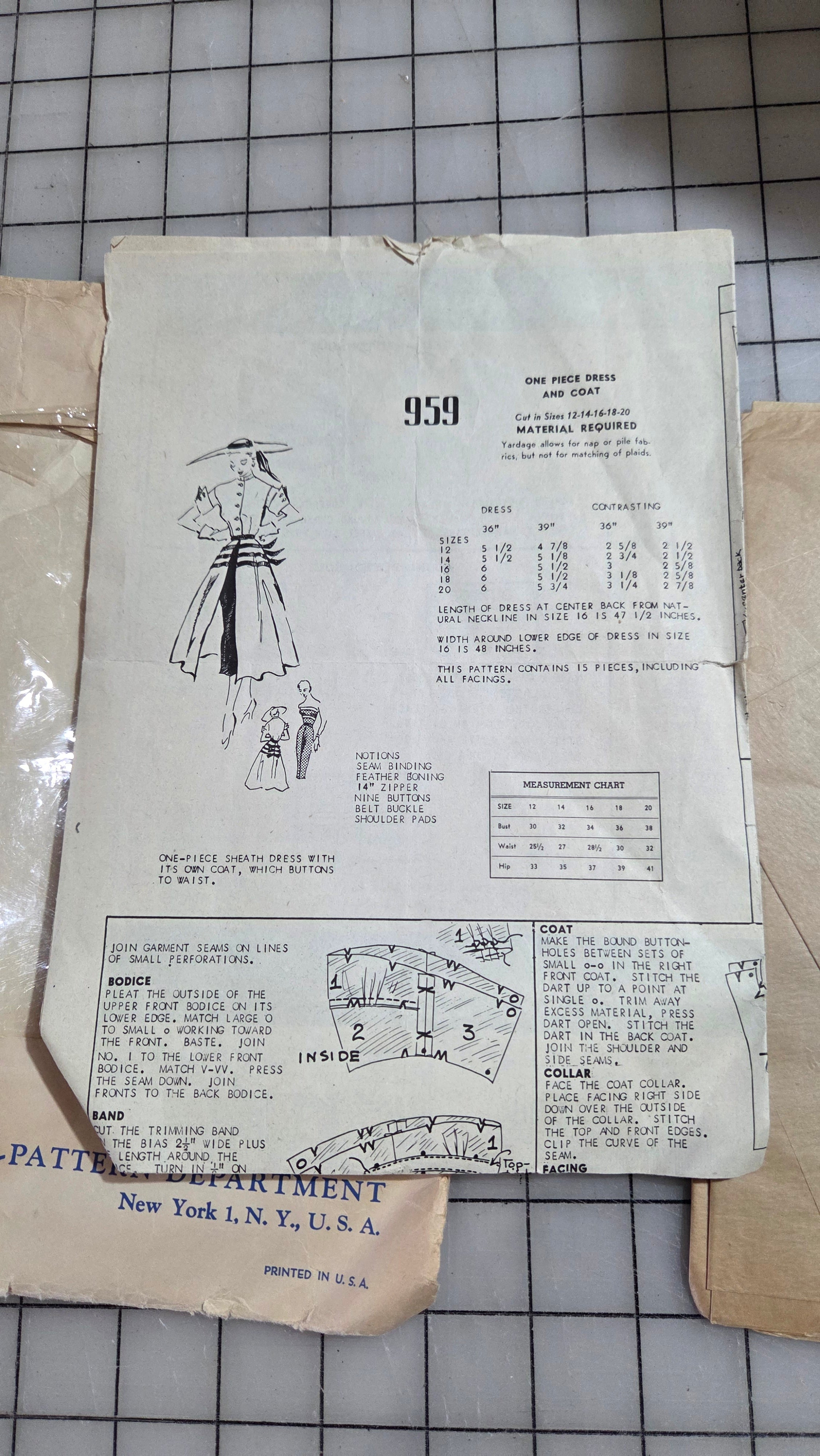 Modes Royale Pattern Department New York #959 Size 16 One Piece Dress Coat 1940s