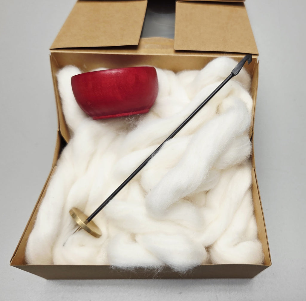 Spin Cotton Fiber Kit. Painted RED Wood Support Bowl & Brass Thakli Spindle.