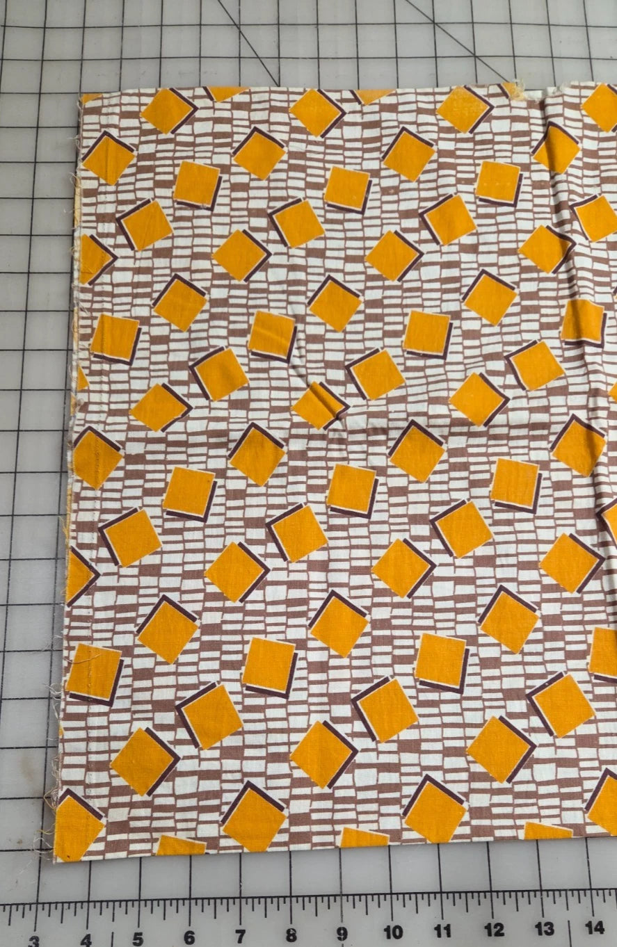 Vintage Feedsack Fabric 50 x 43 Opened Gold & Brown Squares Feed Flour Sack