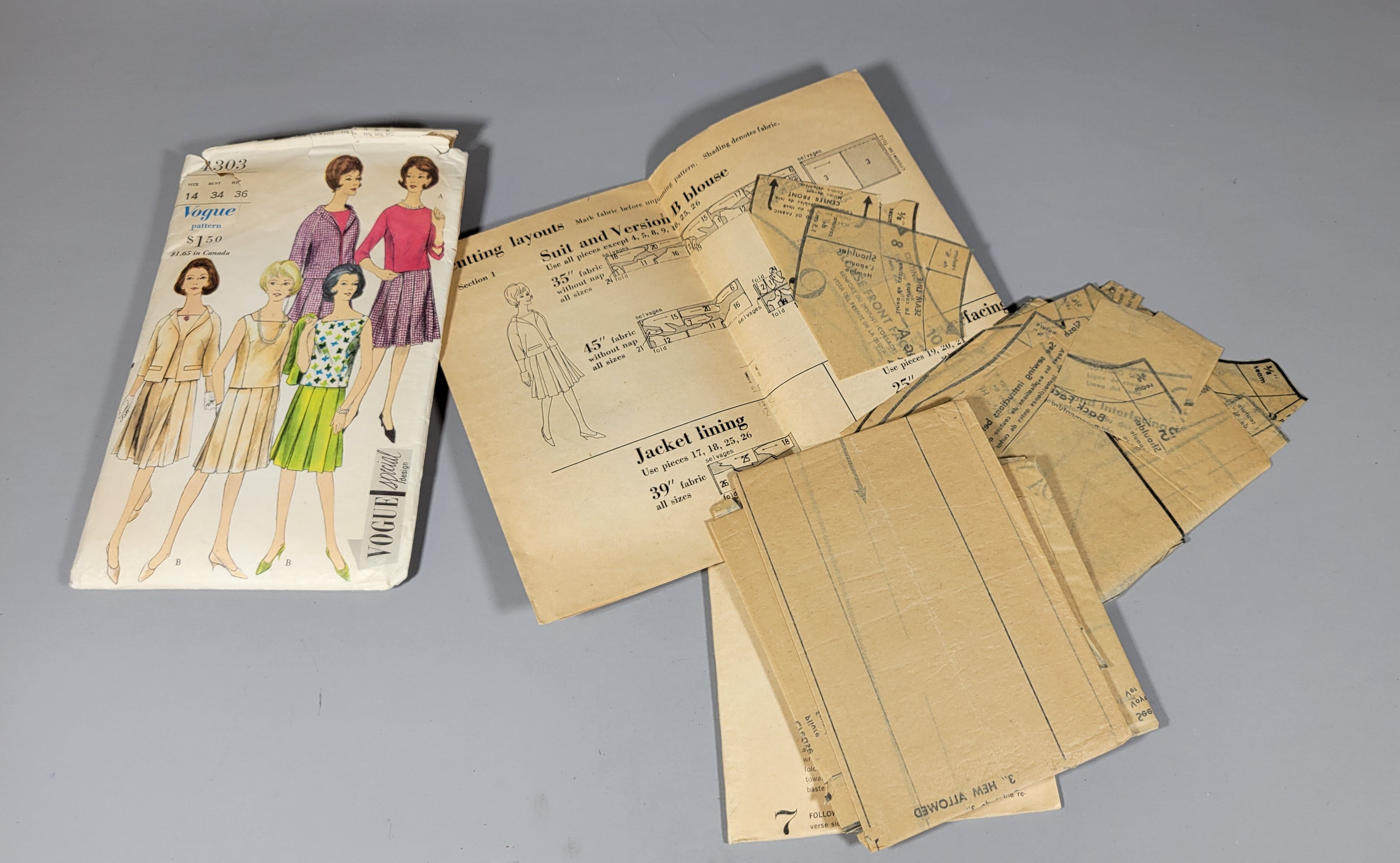 Vogue 4303 Pattern Service Printed, ca 1961. ca 1960s Top, Skirt and Jacket. Size 14 Bust 34 Hip 36