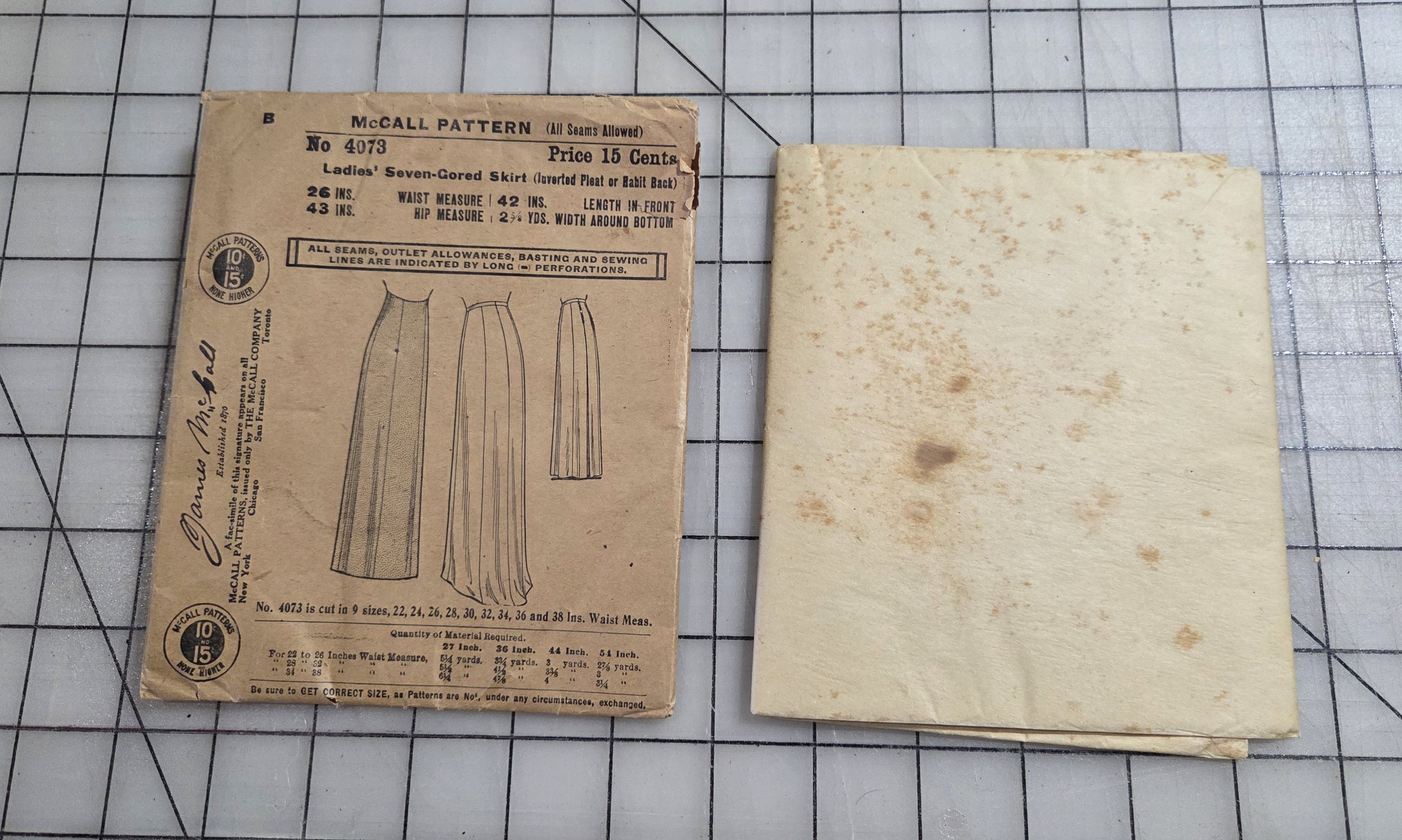 McCall's 4073 Pattern, ca 1900's Ladies Seven-Gored Skirt Unprinted Waist 42