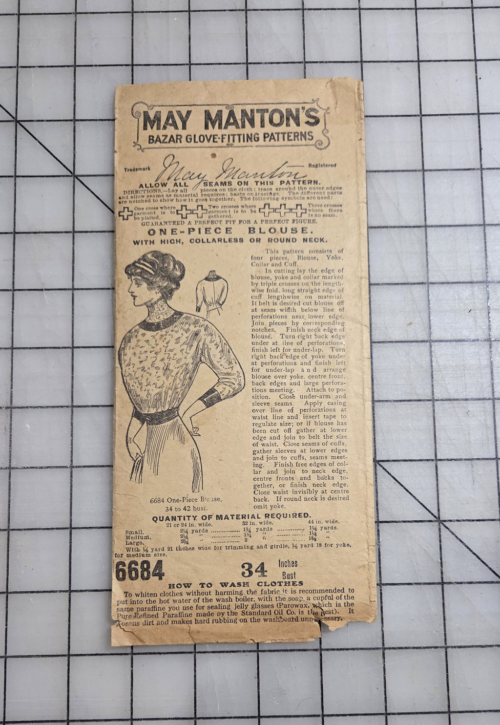 May Manton 6684 Blouse Sewing Pattern 1910's Unprinted Bazar Glove Fitting