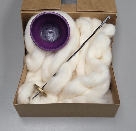 Spin Cotton Fiber Kit. Natural Upland Cotton Sliver. Hand-Painted Wood Support Bowl and Brass Tahkli Spindle. SK46 Purple