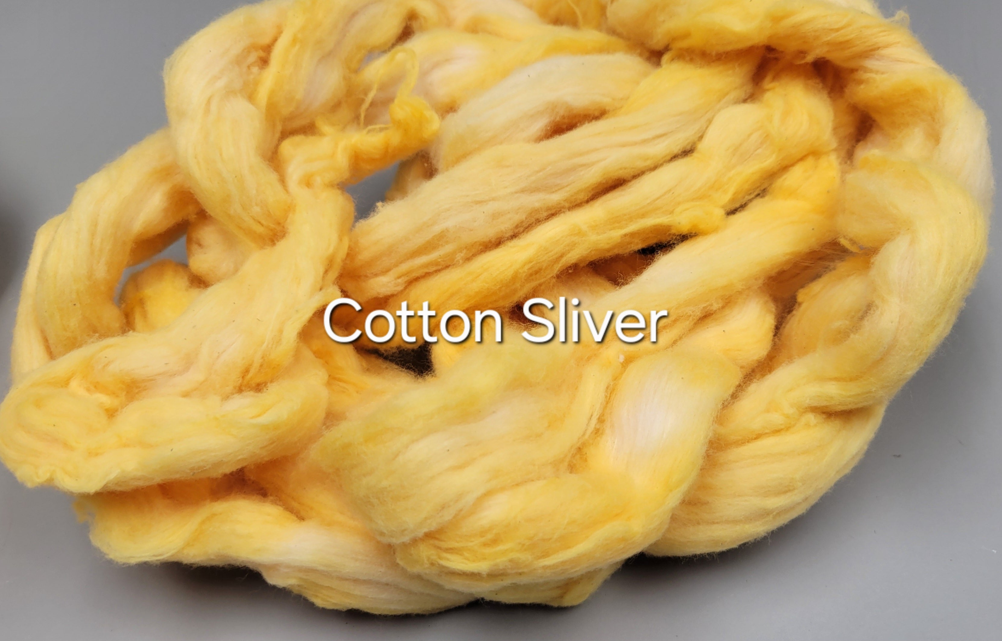 Cotton, 1/2 oz (0.5 ounce) Dyed Conventional Cotton Sliver, Small Batch Studio Dyed (Yellow 7-25)