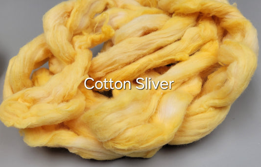 Cotton, 1/2 oz (0.5 ounce) Dyed Conventional Cotton Sliver, Small Batch Studio Dyed (Yellow 7-25)