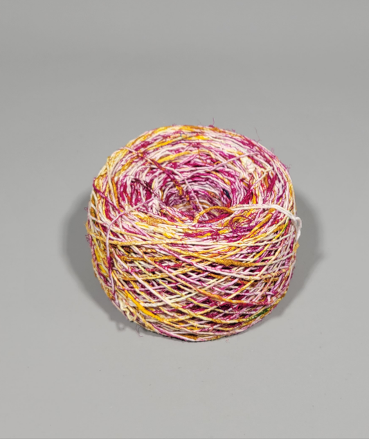 Pasting Yarn - 300 Yards. Pink, Yellow, White. Cotton Yarn Painted Using Silk Saree Waste.