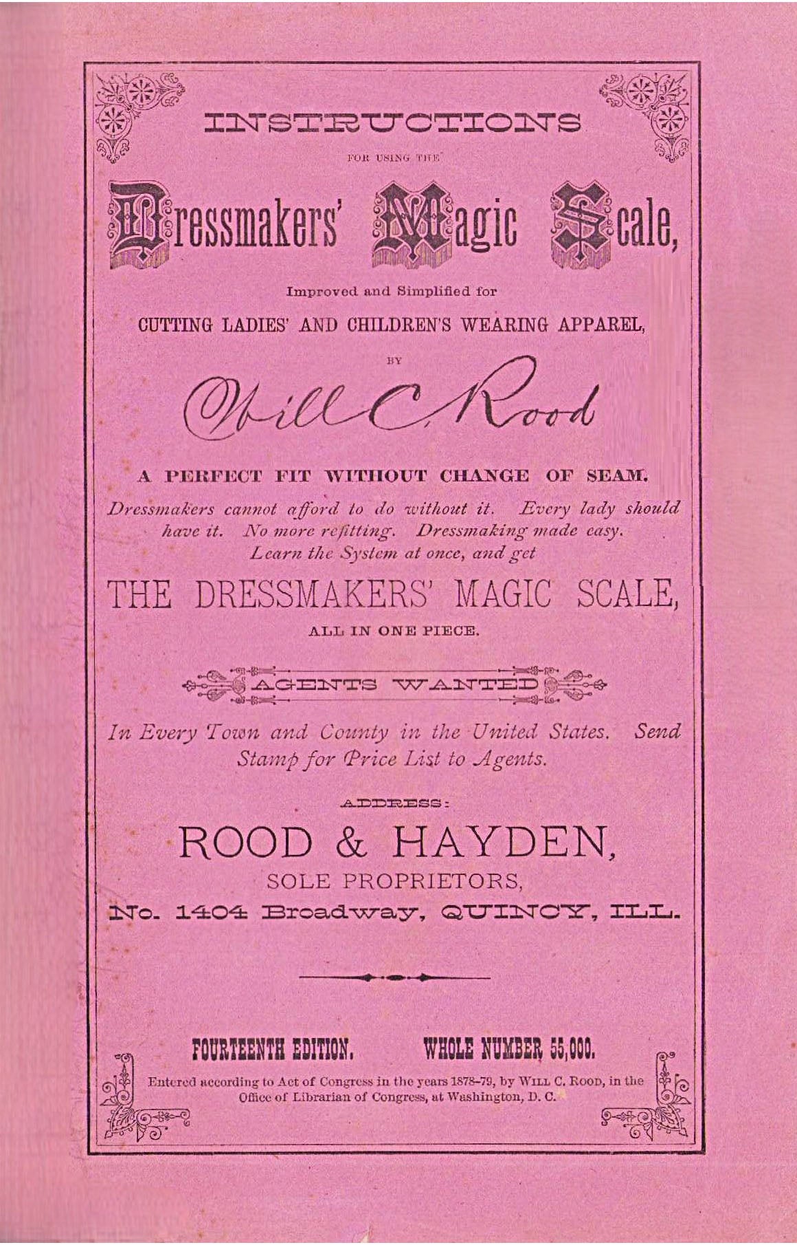 1884, Instructions for Using the Dressmakers' Magic Scale. Improved and Simplified for Cutting Ladies' and Children's Wearing Apparel. Published by Will C. Rood, Quincy, Ill. 14th Edition, REPRINT.