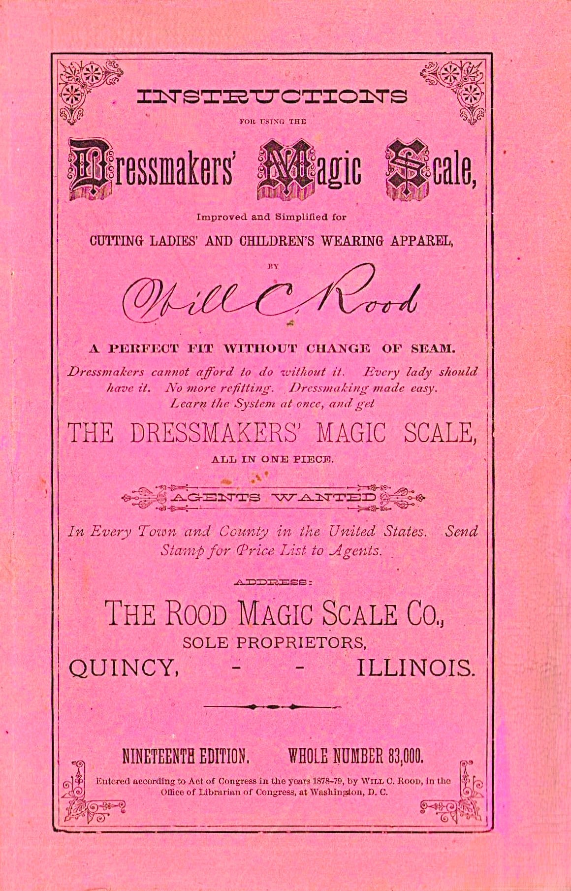 1887, Instructions for Using the Dressmakers' Magic Scale. Improved and Simplified for Cutting Ladies' and Children's Wearing Apparel. 19th Edition - REPRINT