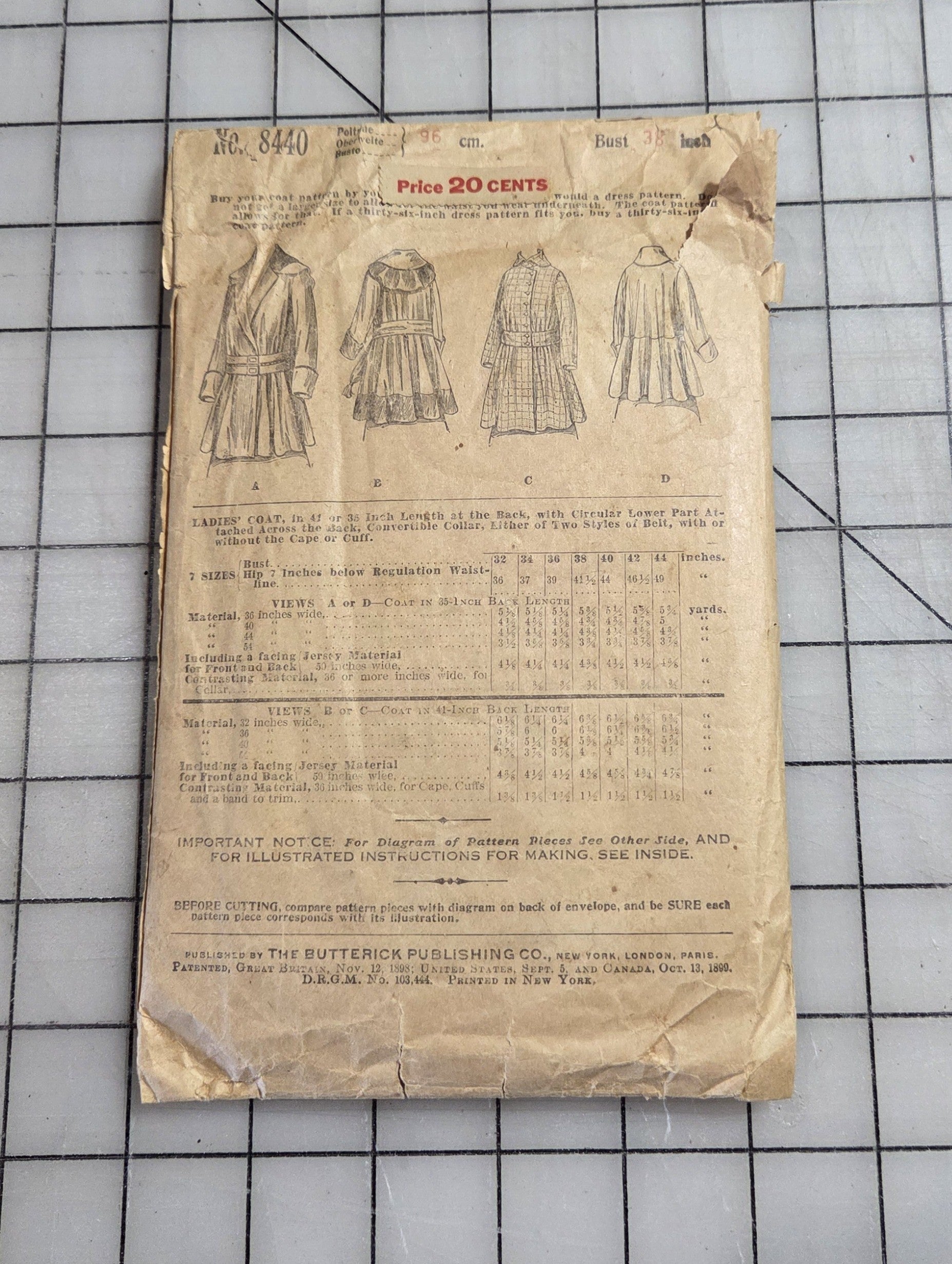 8440 Butterick Ladies Coat Pattern Patent 1899 Unprinted with Instruction Sheet