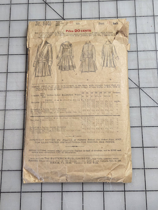 8440 Butterick Ladies Coat Pattern Patent 1899 Unprinted with Instruction Sheet
