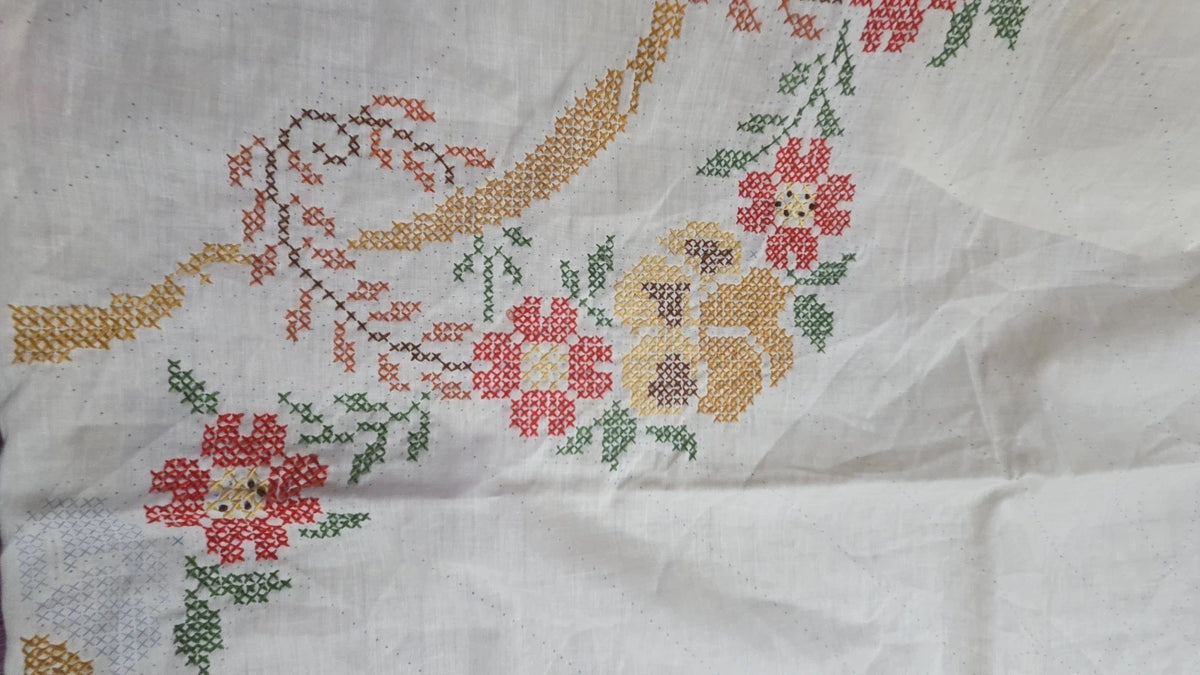 Unfinished Cross Stitched Panel 1980 Columbia Minerva Corp. Floral Vine No. 6832