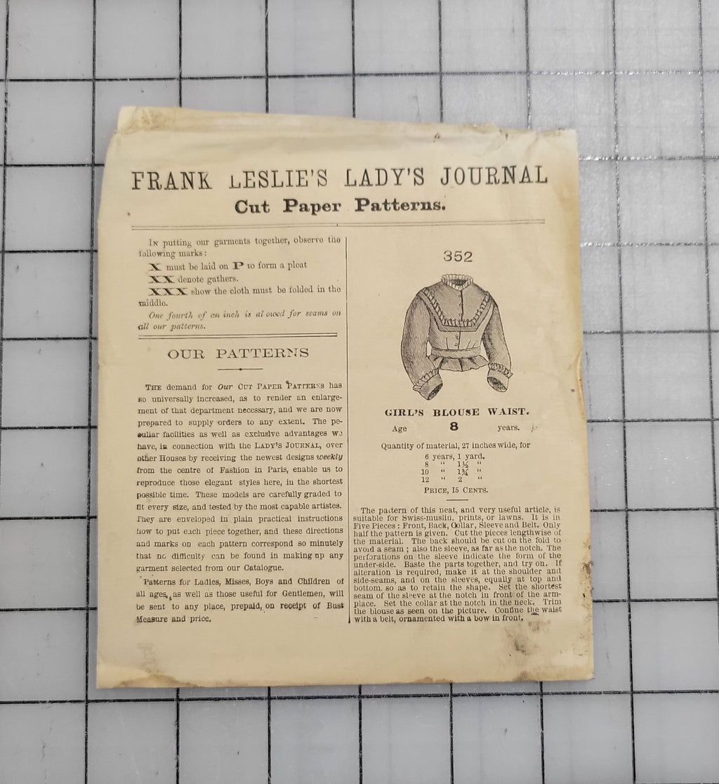 Frank Leslie's Lady's Journal Cut Paper Pattern #352 1870s Girl's Blouse Size 8