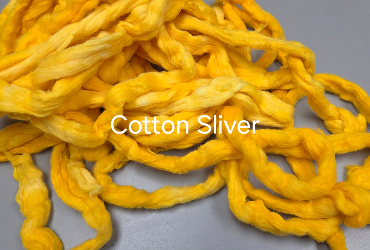 Cotton, 1/2 oz (0.5 ounce) Dyed Conventional Cotton Sliver, Small Batch Studio Dyed (Yellow)
