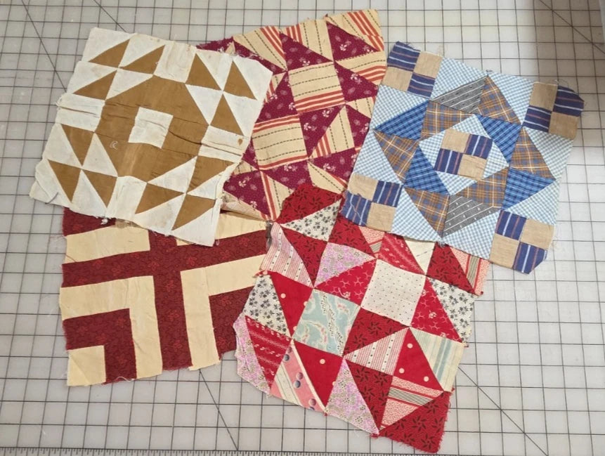5 - Vintage Patch Quilt Blocks Unfinished Squares. 1900s - 1920s Hand Stitched