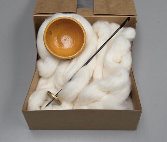 Spin Cotton Fiber Kit. Natural Upland Cotton Sliver. Hand-Painted Wood Support Bowl and Brass Tahkli Spindle. SK24 Yellow